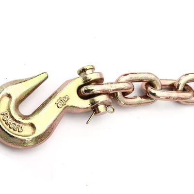 قیمت خوب زنجیر بکسل‌بند با روکش زرد روی از جنس فولاد آلیاژی G70 با قلاب‌های چنگکی و زنجیر اتصال 1/2