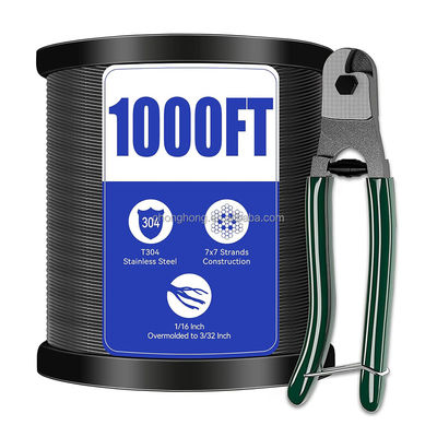 قیمت خوب طناب سیم فولادی روکش‌دار غیر آلیاژی مشکی وینیل 304 استیل ضد زنگ 1/16 اینچ تا 3/32 اینچ 7x7 سیم راهنمای نور فضای باز 1000 فوت کابل فولادی آنلاین